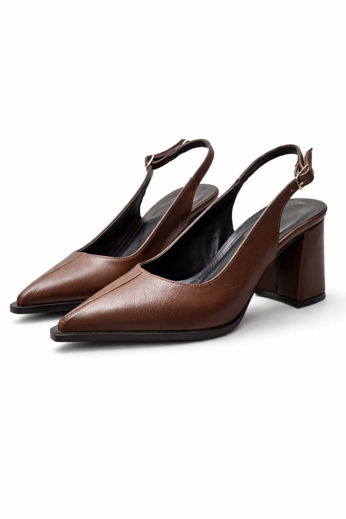 CİMİLİ SHOES Kadın Kahve 7 Santim Topuk Sivri Burun Kadın Klasik Deri Topuklu Ayakkabı Kaymaz taban görsel 4