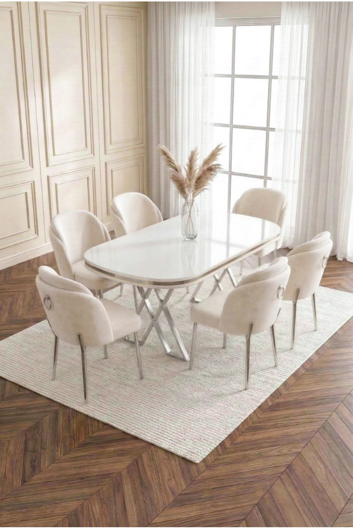 Milano Silver Series 90x168 MDF Table Metal Foot Dining Kitchen Set +6 Pieces Erasable Chair CREAM