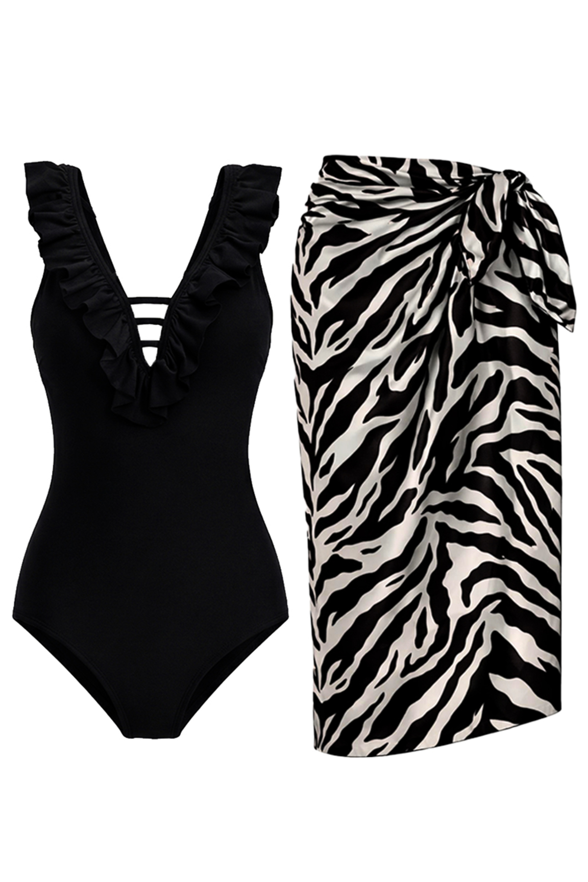 Slimming Effective Ruffled Front Black Swimsuit Black White Flame Pattern Pareo Set of 2