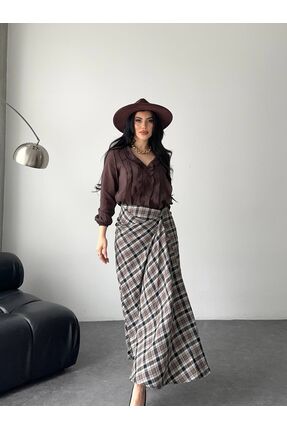 TALY ÖNDEN DÜĞÜM GÖRÜNÜMLÜ EKOSELİ YIRTMAÇLI ETEK
