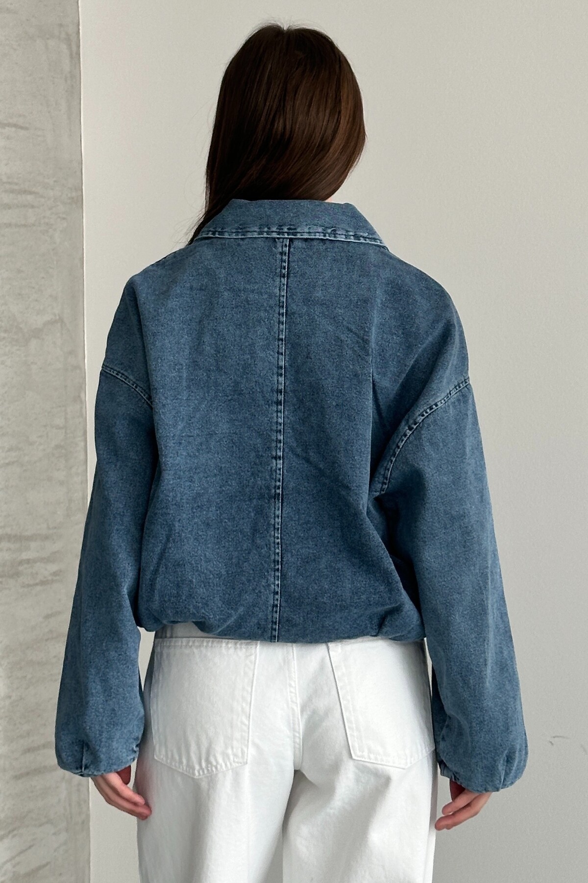 moda armanc  Kadın Oversize Bomber Jean Ceket – Kemer Detaylı Denim Kot Ceket - Görsel 7