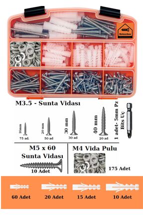 Netzerkoz 467 adet YHB Sunta Vidası, Dübel, Bits Uç ve Pul Seti, 5 çeşit Vida...