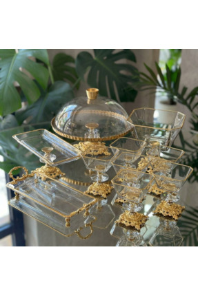 ÇNR Home Collection Fanuslu 10 Parça Gold Kristal Sunum ve Servis Seti - Magn...