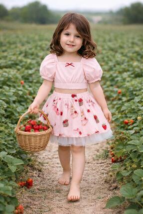 Cumino Tavşan, Çilek Desenli Kız Bluz Etek 2'li Takım 2-3-4-5 Yaş