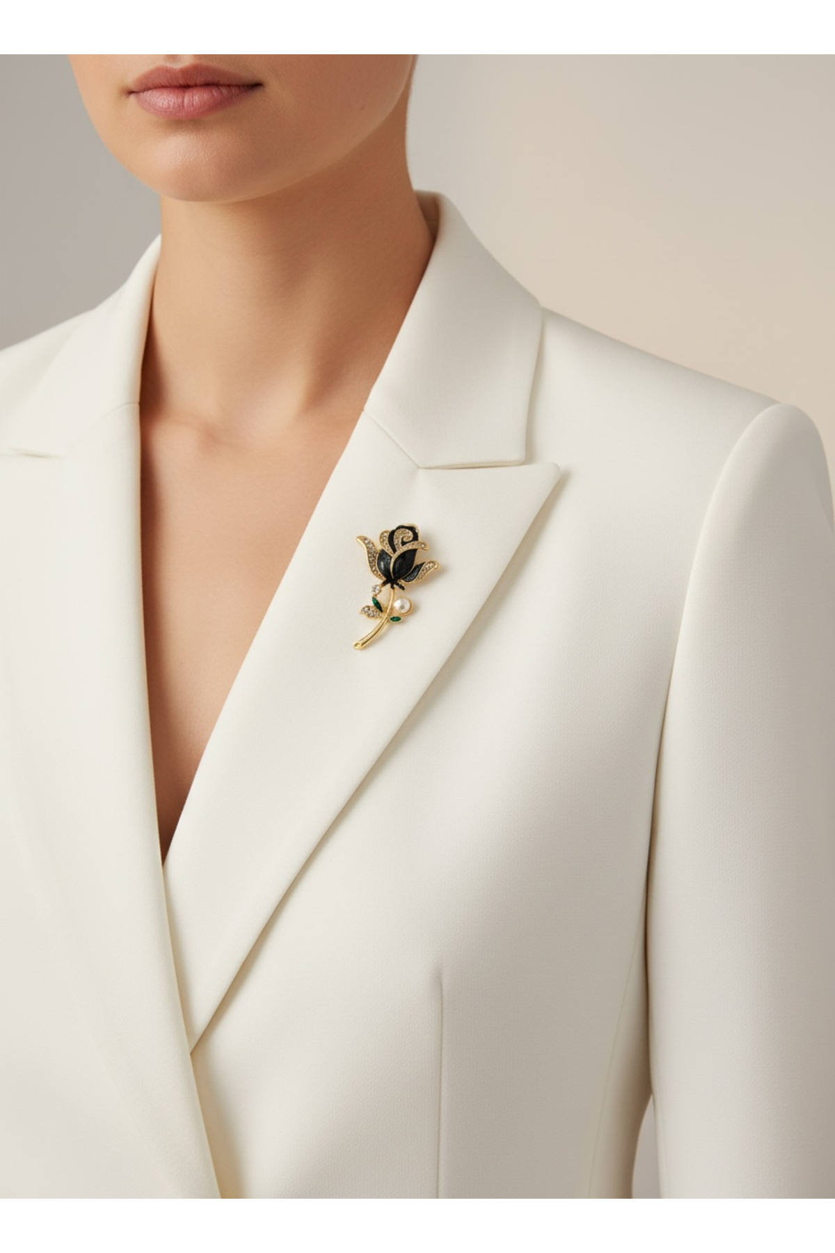 Pearl and Stone Detailed Handcrafted Black Rose Brooch - Length : 5 cm