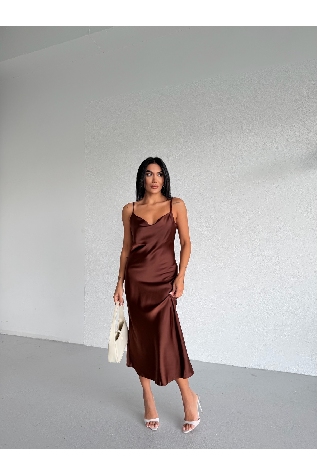 Strappy Degage Collar Satin Midi Dress