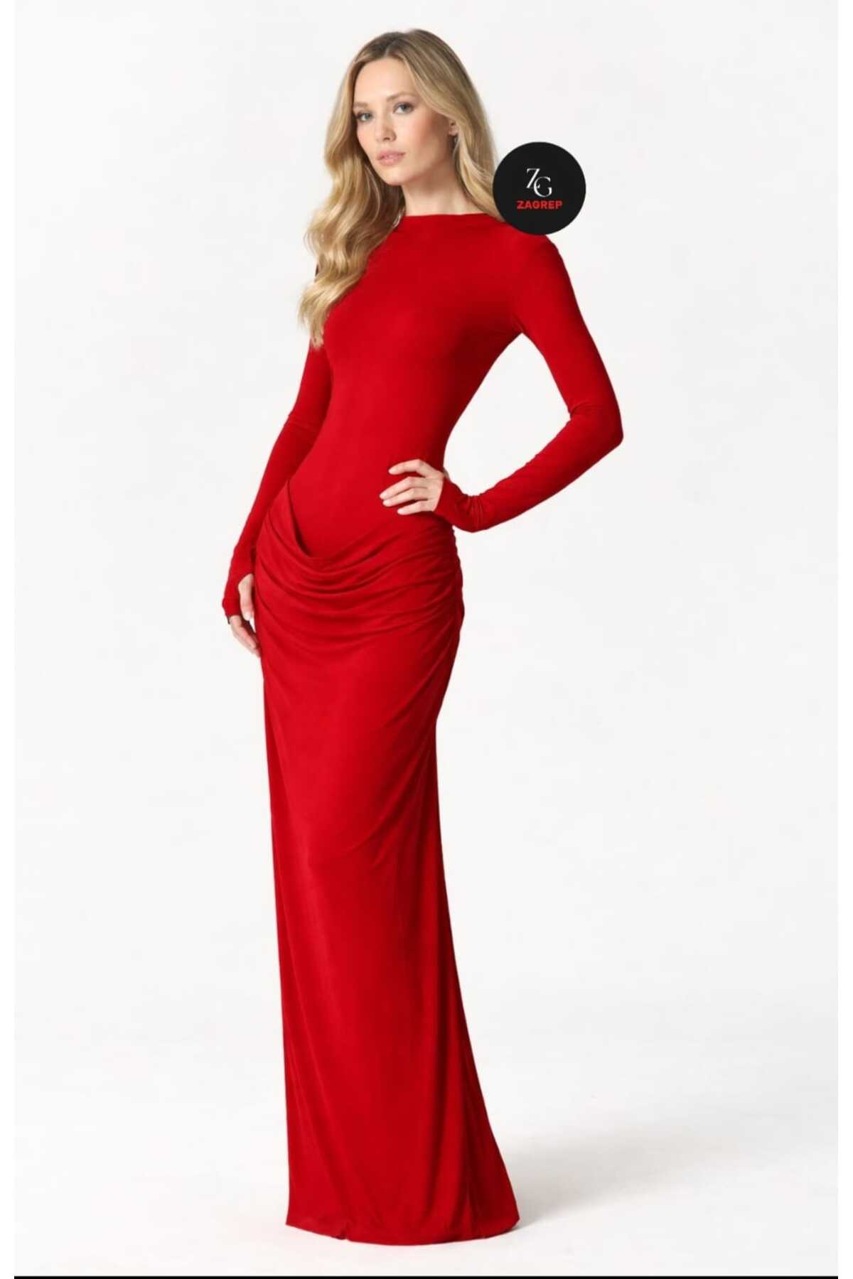 Women's Red Draped Shirring Detailed Half Turtleneck Maxi Dress