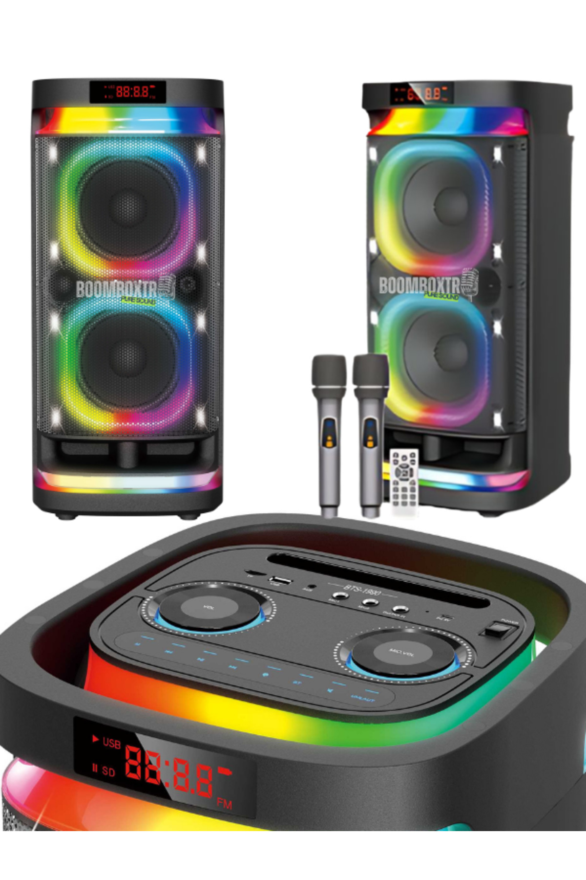 Boomboxtr BTS-1990 Karaoke Bluetooth Hoparlör 2x8'' RGB Işıklı