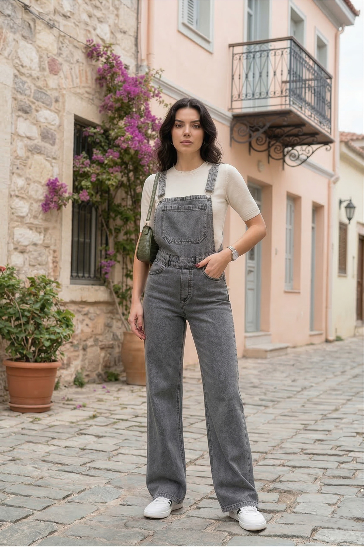 KN Gardener Women's Wide Leg Denim Jumpsuit with Front Pocket and Strap