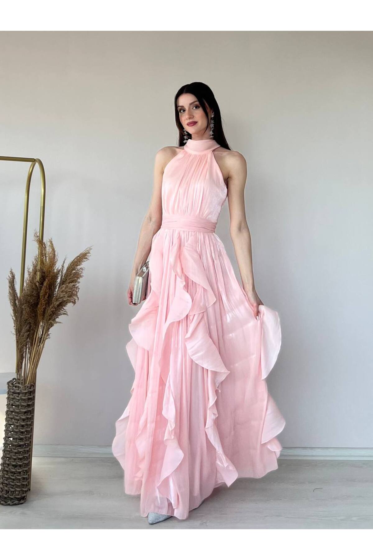 zoezoe  2-Eli-s Straplez Volanlı Yırtmaçlı Sıfır Kol Janjan Şifon Abiye Elbise