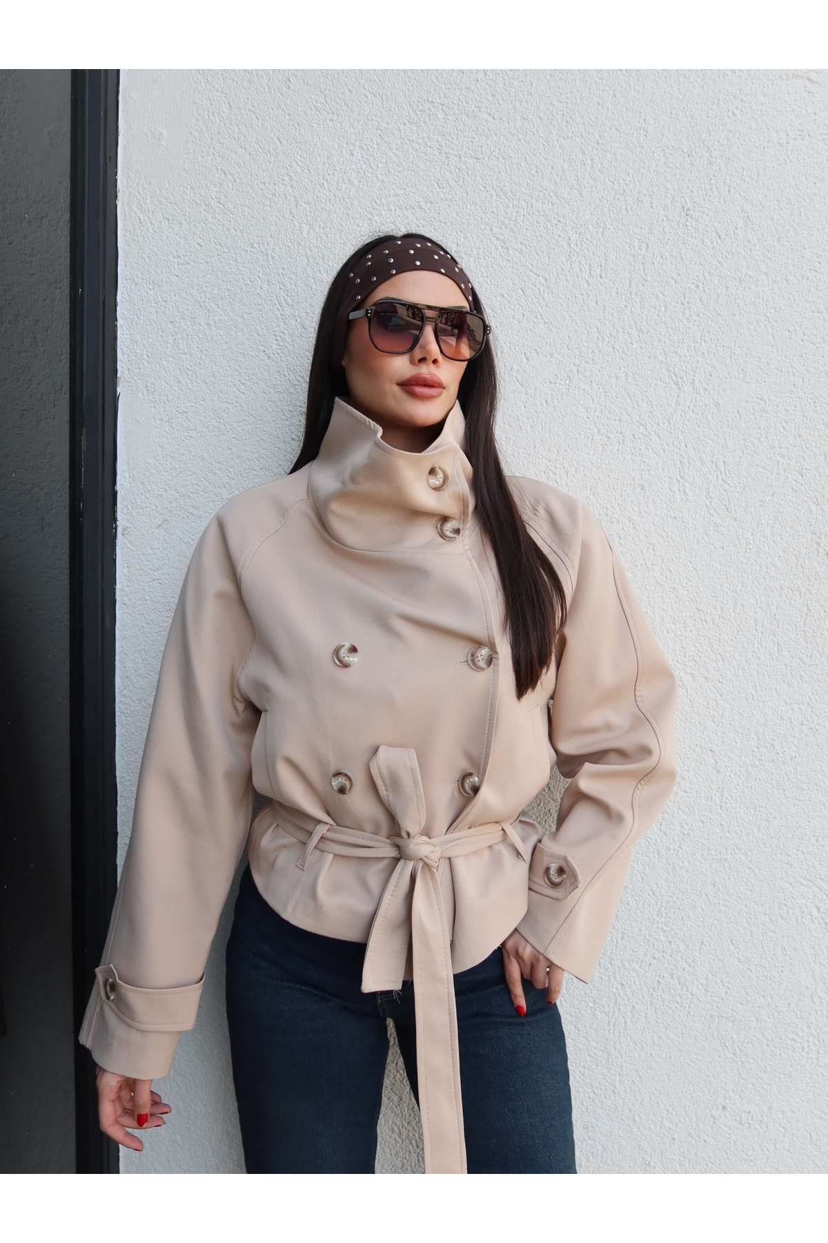 ESRAHELVACI Dik Yaka Kuşaklı Kısa Trench