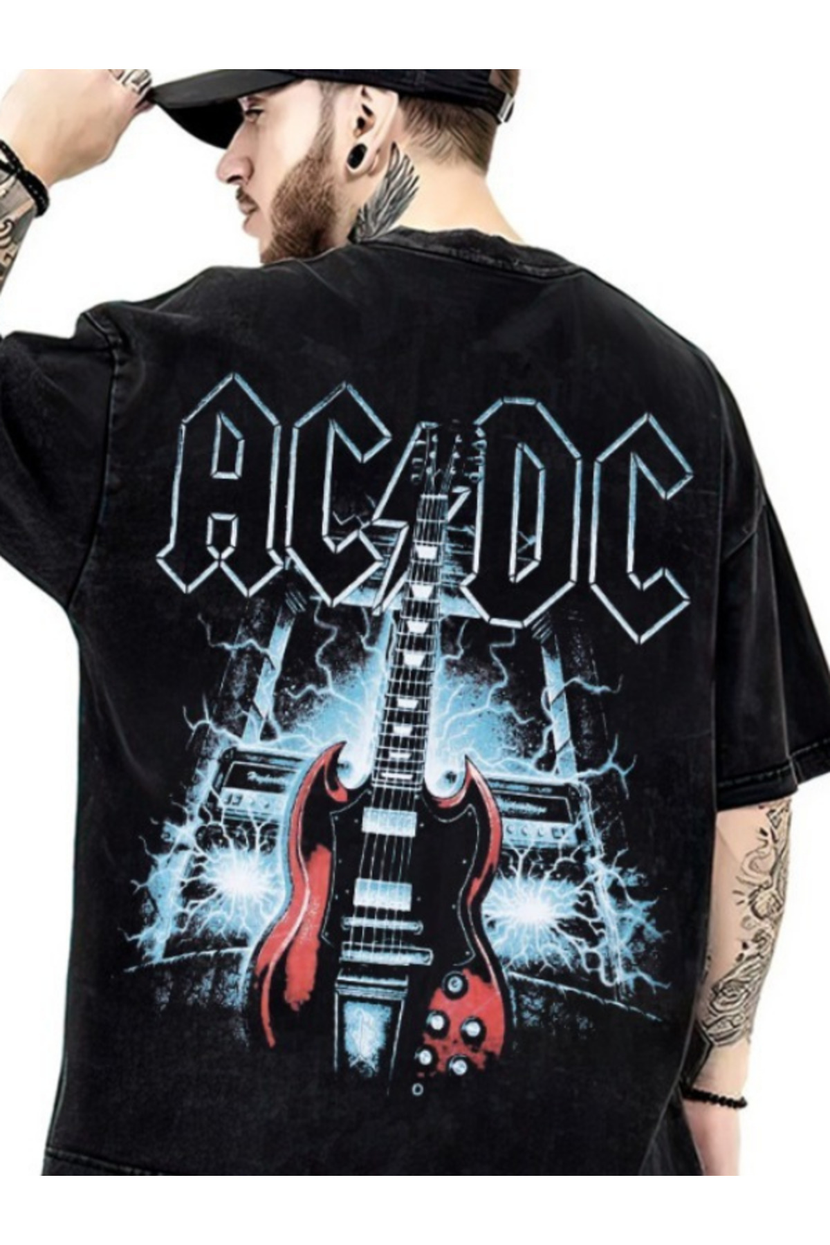 Chirkef Unisex Black Oversized 100% Cotton Back and Front Printed Crew Neck Street Style T-Shirt Acdc