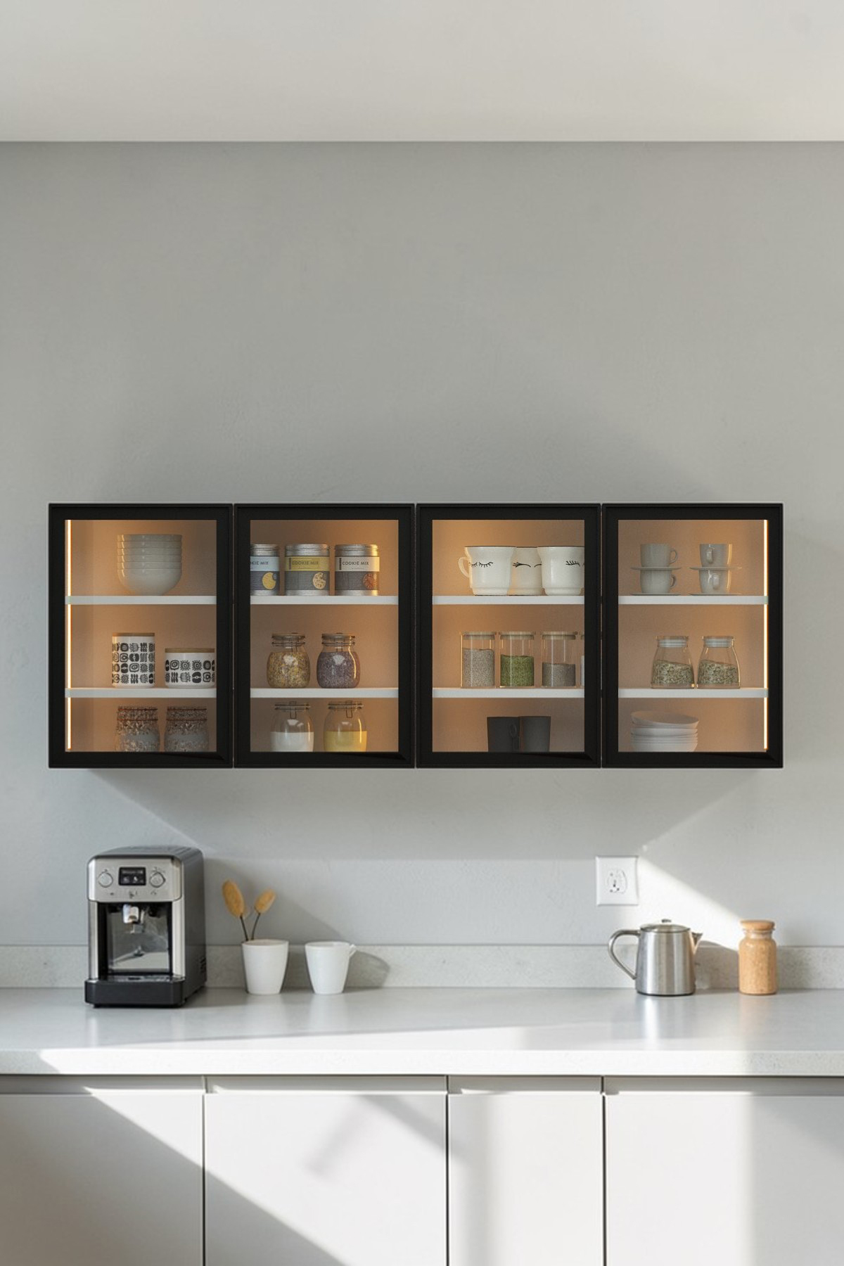 Magic Double Top Cabinet Tempered Glass Door Led Lighted Top Module Multipurpose Cup Cabinet