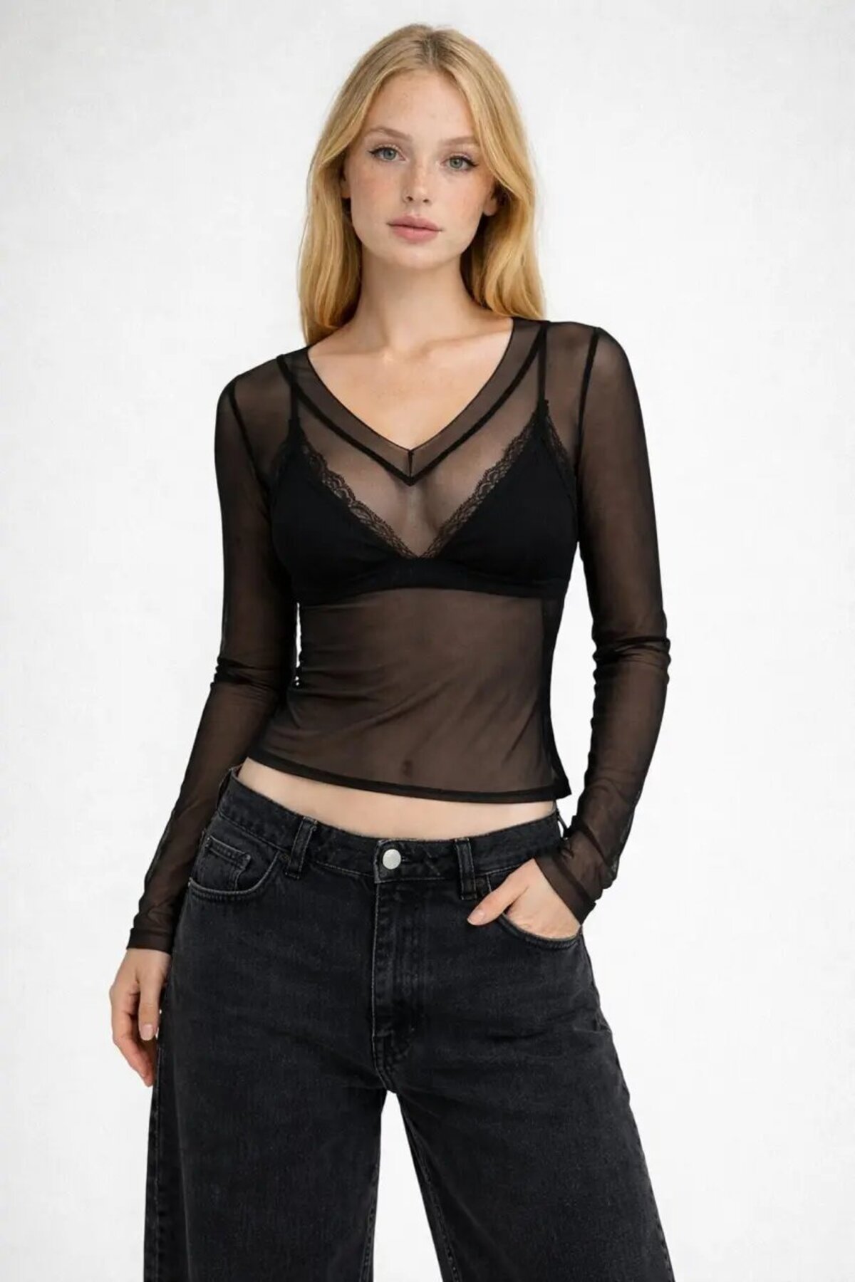 Cool & Sexy  Kadın Transparan Uzun Kollu Likralı Tül Bluz - Görsel 3