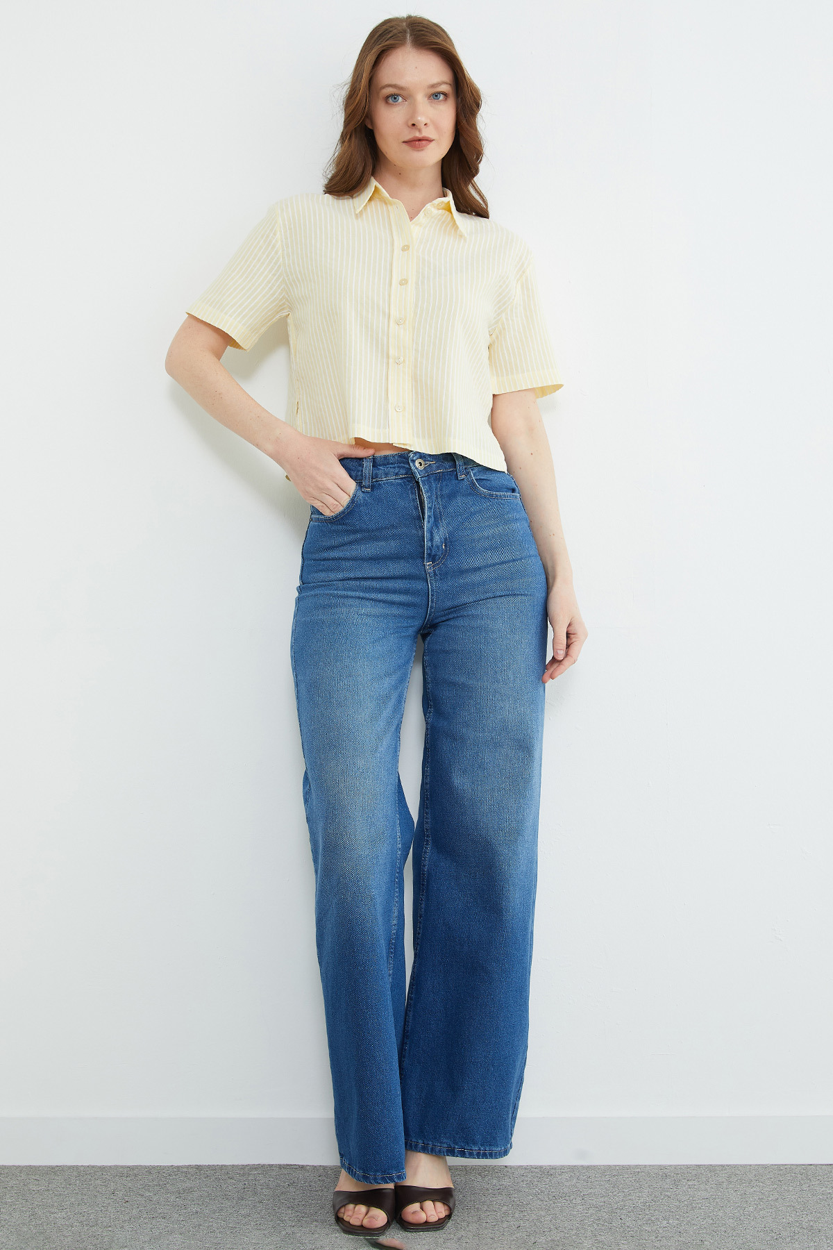 Fullamoda  Çizgili Oversize Crop Gömlek - Görsel 2