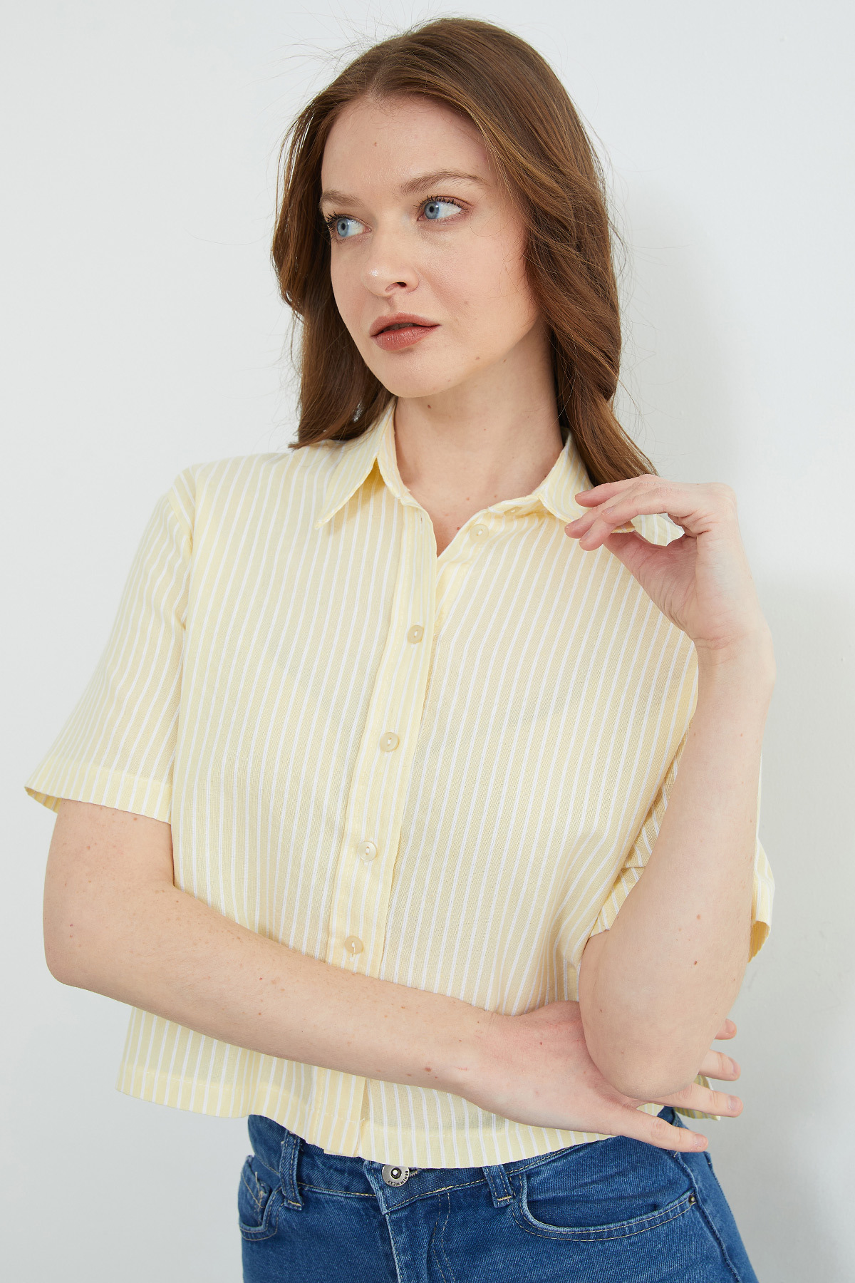Fullamoda  Çizgili Oversize Crop Gömlek - Görsel 5