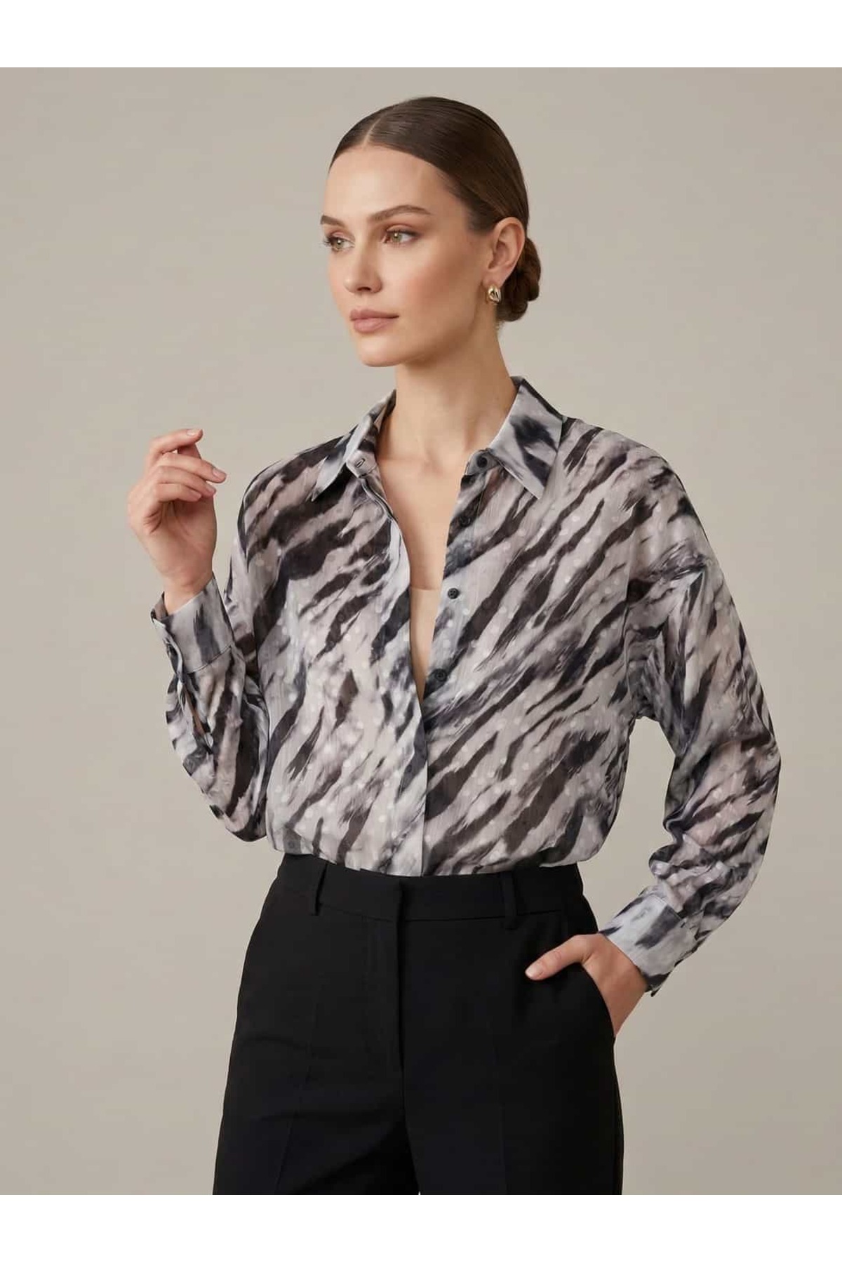 CRYSTALİA  Puantiye Detaylı Zebra Desenli Oversize Şık Gömlek / Tunik