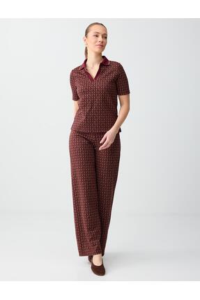 Jimmy Key Bordo Geometrik Desenli Normal Bel Örme Pantolon