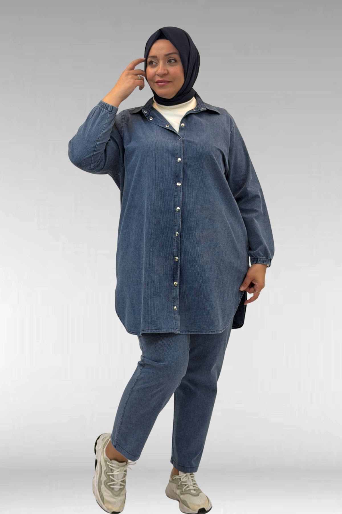 Eslina  67042 Büyük Beden Kolları Lastikli Pantolonlu Takım - Lacivert