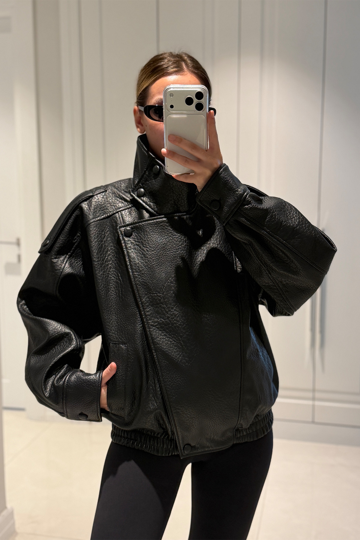 MANMARK Jachetă virală supradimensionat pentru femei piele cu guler înalt, ne...