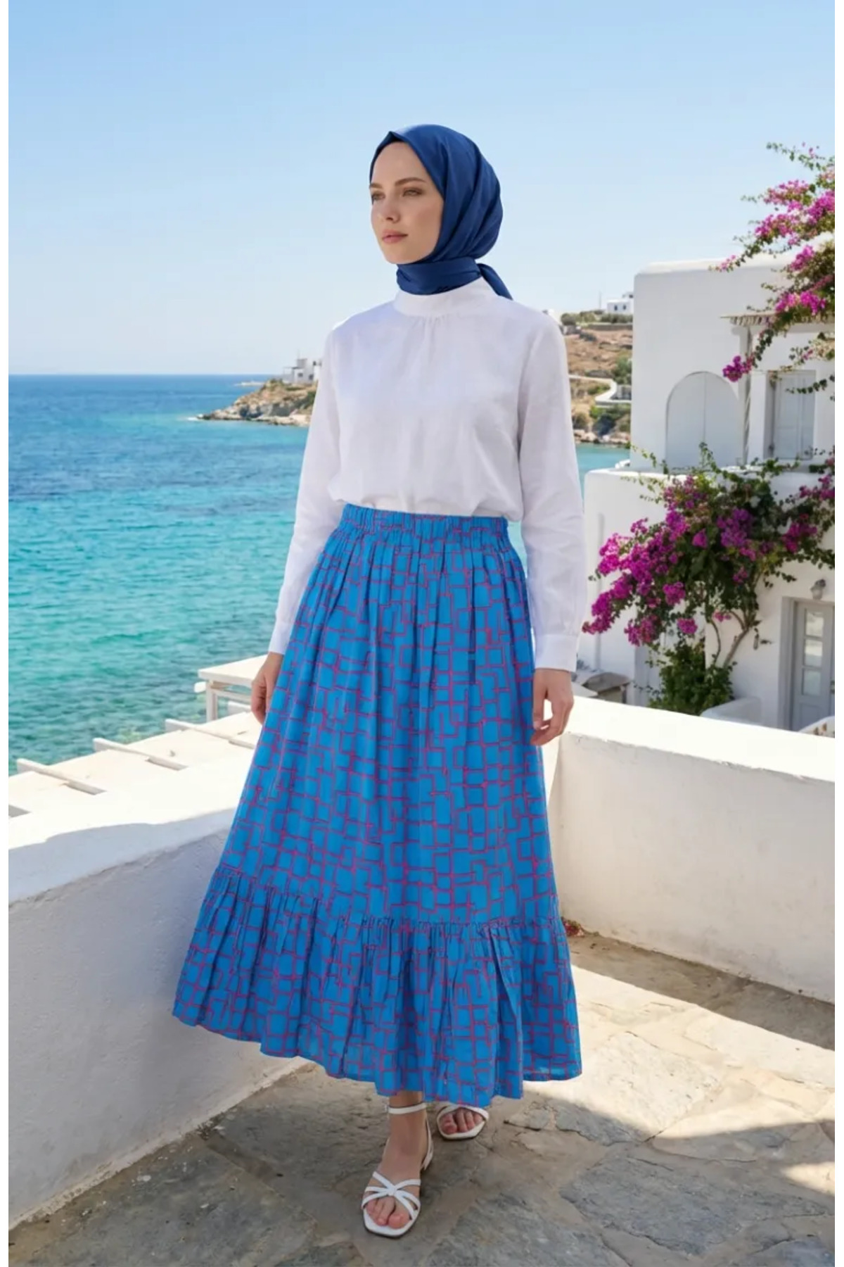 sefamerve  Viskon Kumaş Beli Lastikli Fırfırlı Etek 2012U-01 Mavi