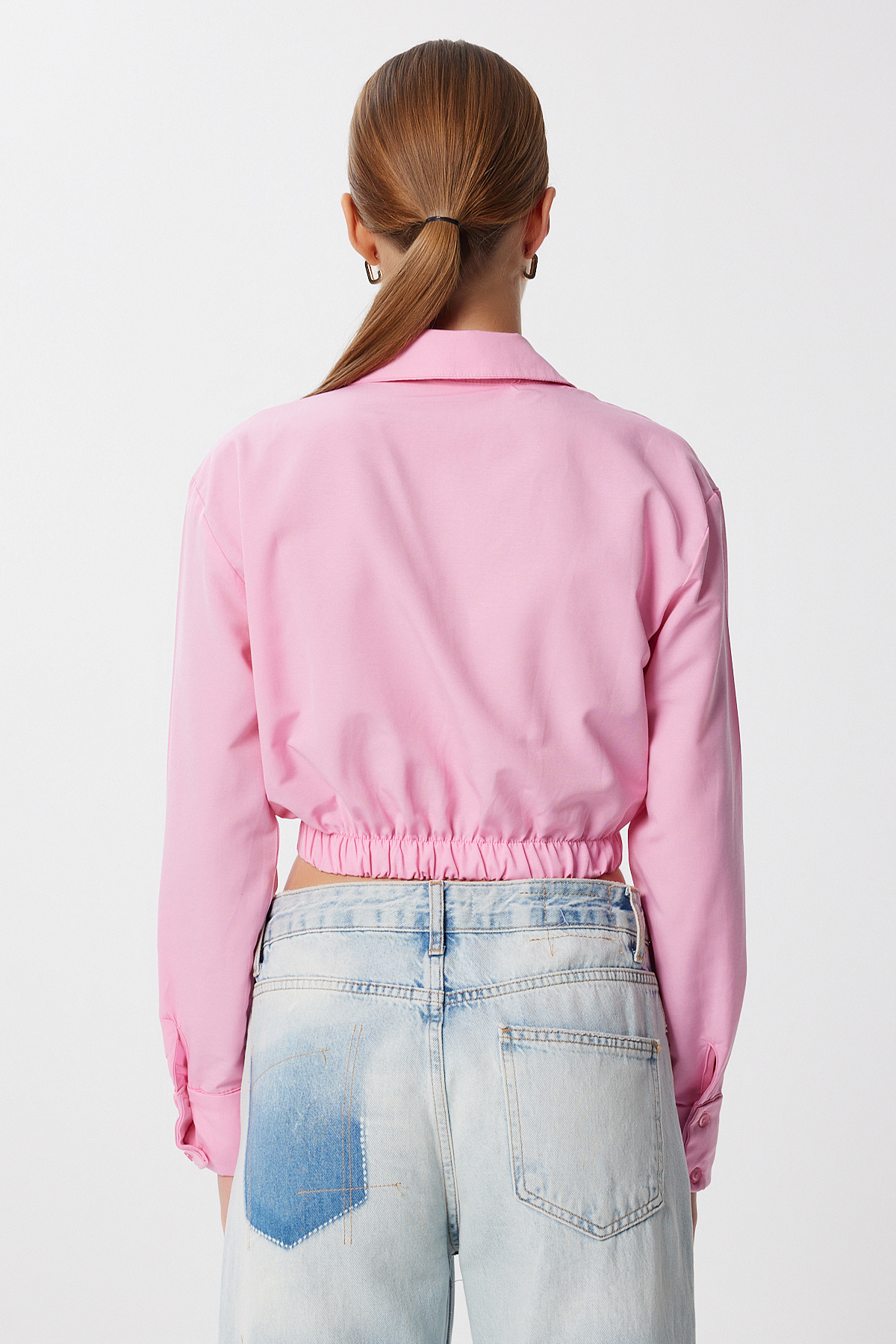 Lovelyİstanbul  Elastik Belli Crop Dokuma Gömlek LMX0111 ŞEKER PEMBE - Görsel 4
