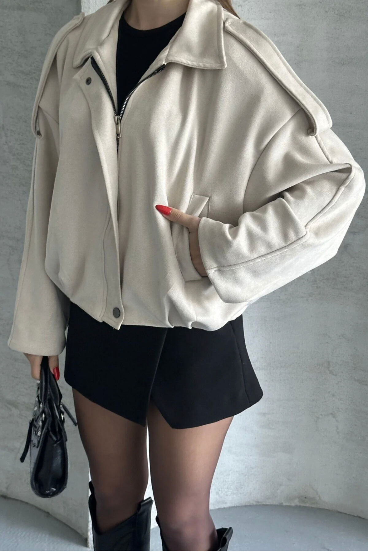 Oversize Epaulette Detailed Suede Fabric Jacket
