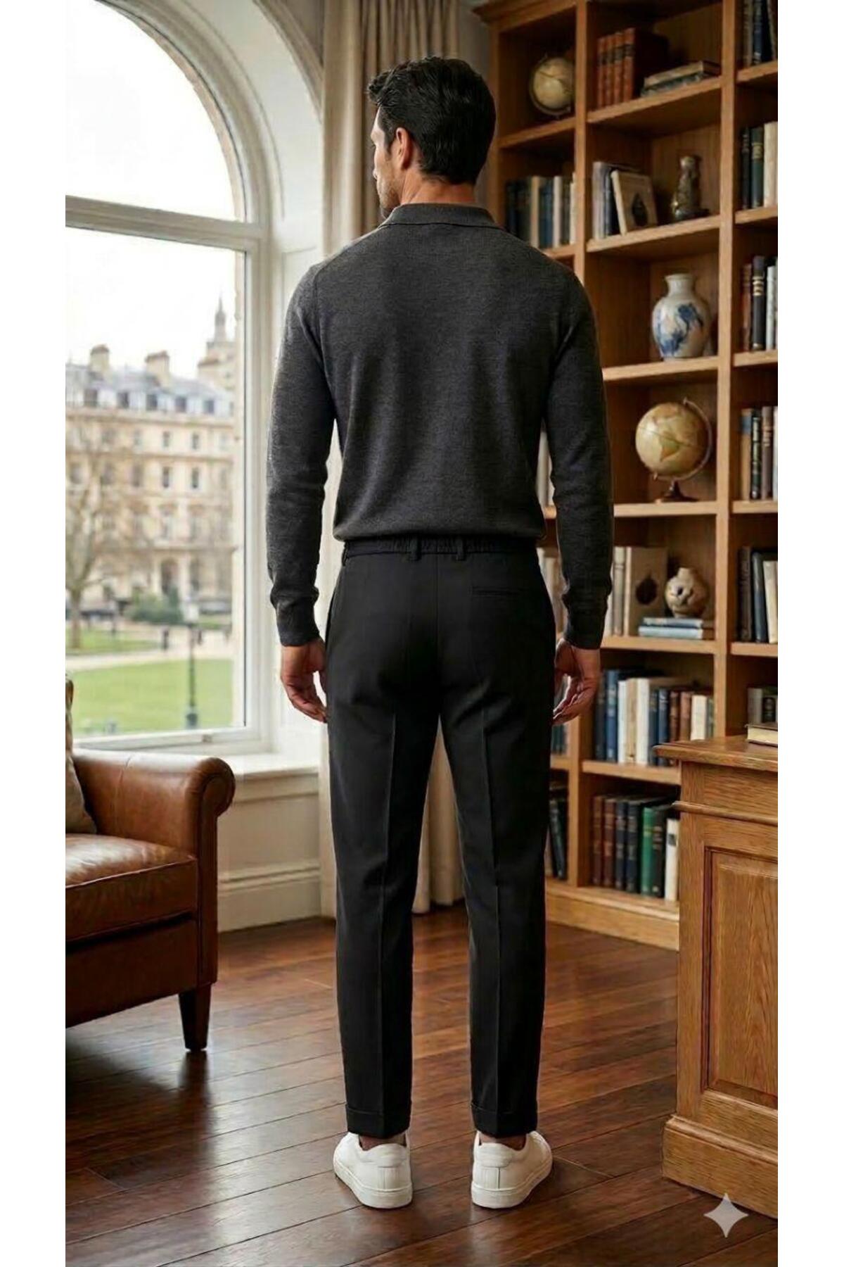 Erkek Lastikli Bel Double paça Jogger Keten Pantolon — مشکی JAGER1007 — تصویر 2 از 2