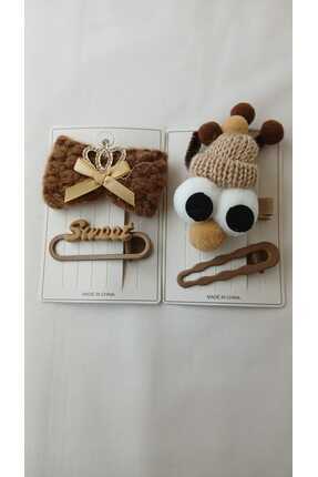 TrendimAksesuar Kahverengi Peluş Toka Seti