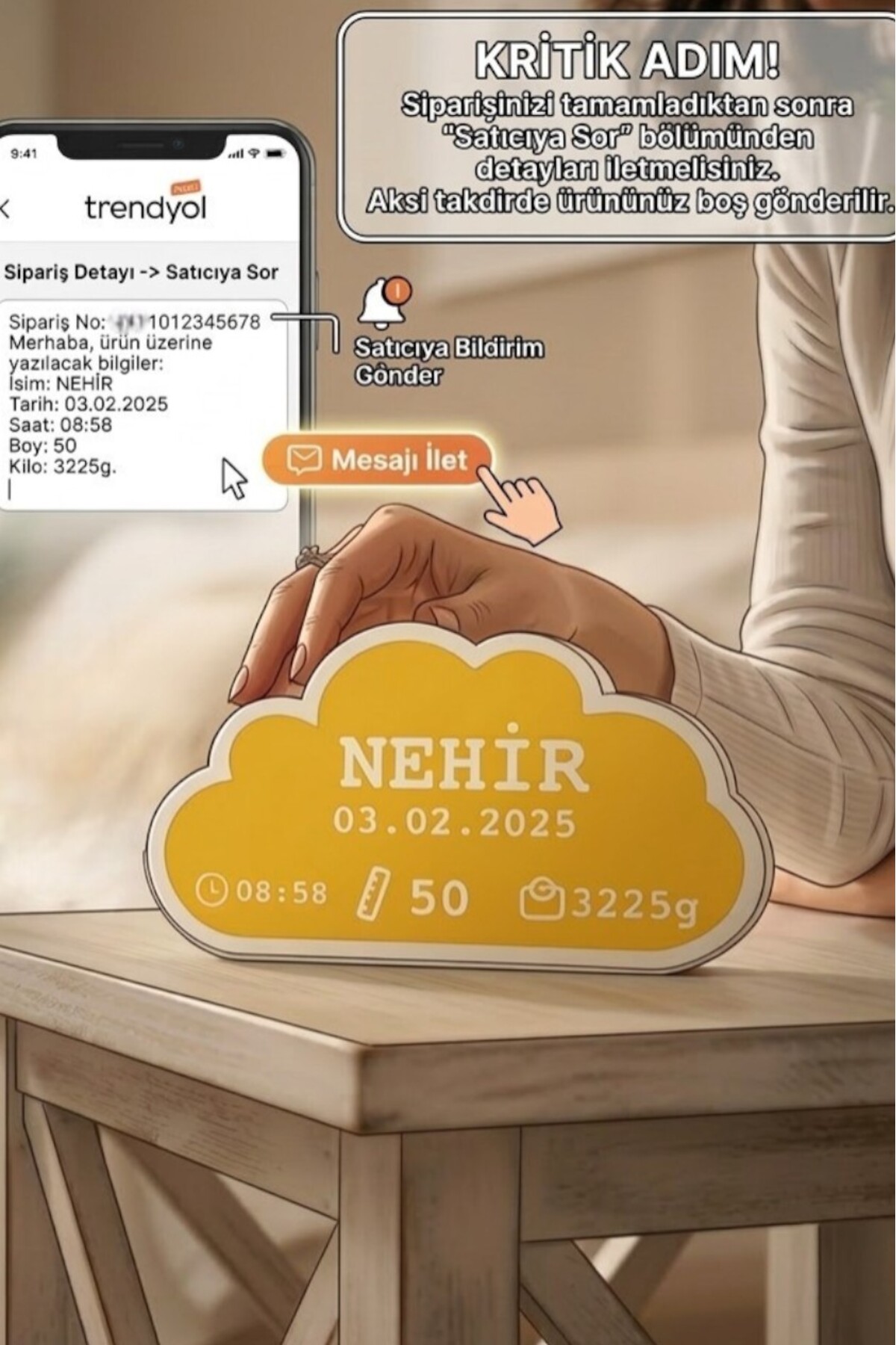 ProLaz Bebeğe Özel Gece Lambası Doğum Panosu İsme, Boya, Kilo ve Doğum Tarihine Özel 23x12 cm Hediyelik fotoğrafı 6 (önizleme)