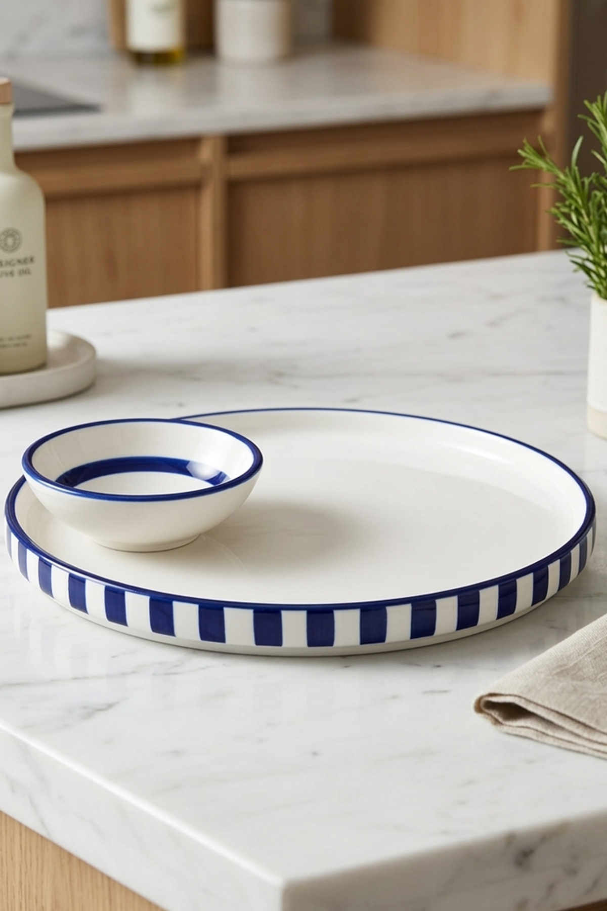 evcime Handmade Striped Ceramic Presentation Plate and Sauce Bowl Set - 20 cm - Blue and White