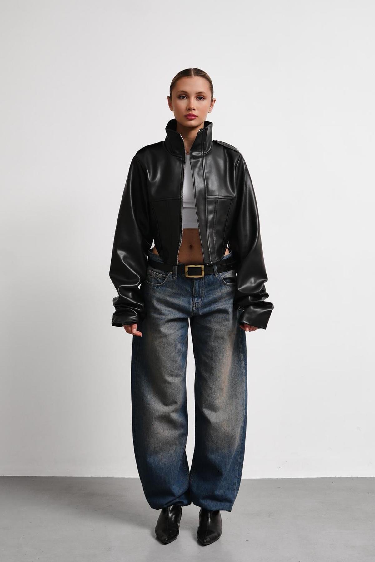 Jaglion  New Season Dik Yaka Motorcu Crop Kadın Siyah Deri Ceket - Görsel 6