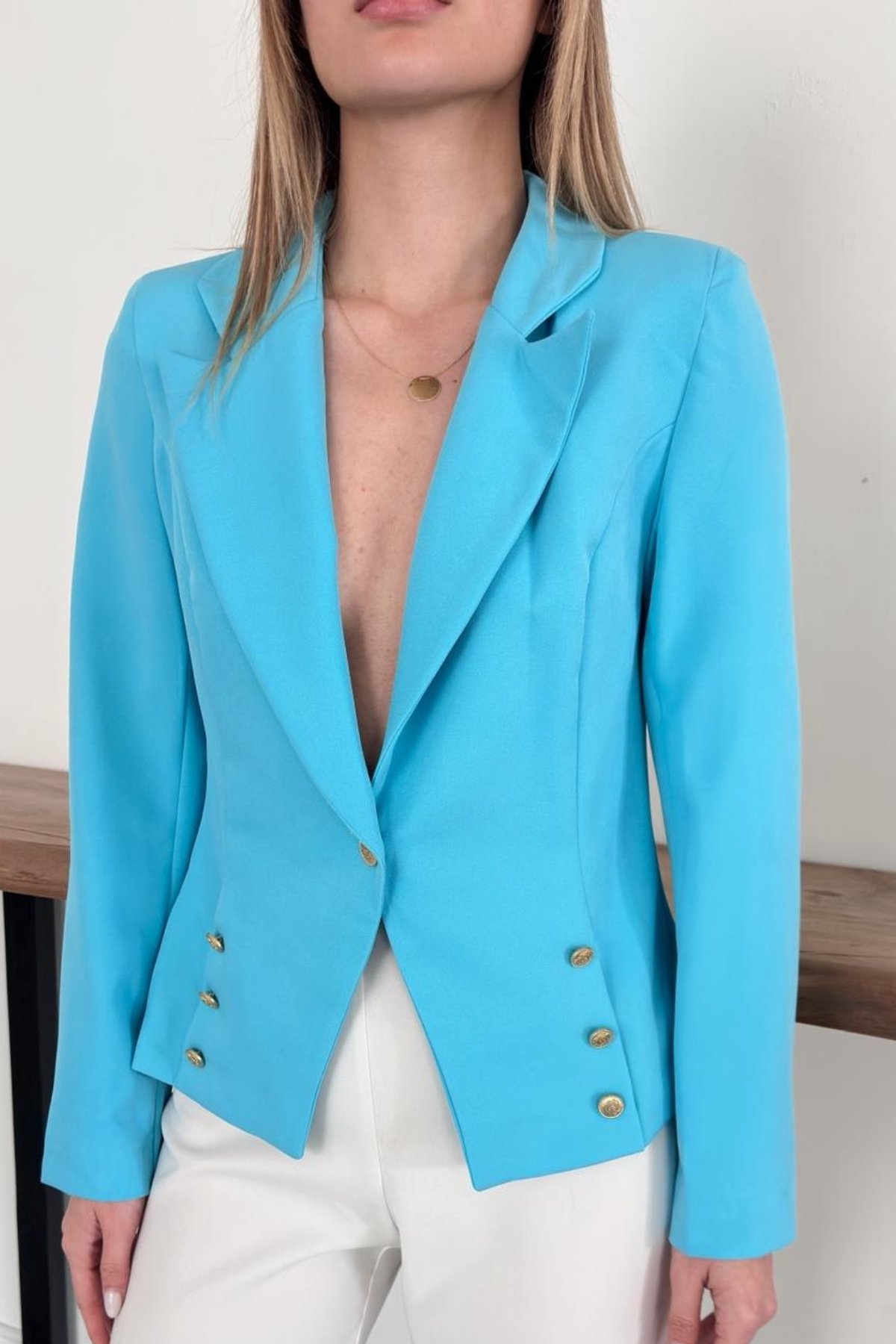 diaves  Mavi Gold Düğme Detaylı Kruvaze Kesim Dokuma Kumaş Blazer Ceket - Görsel 3