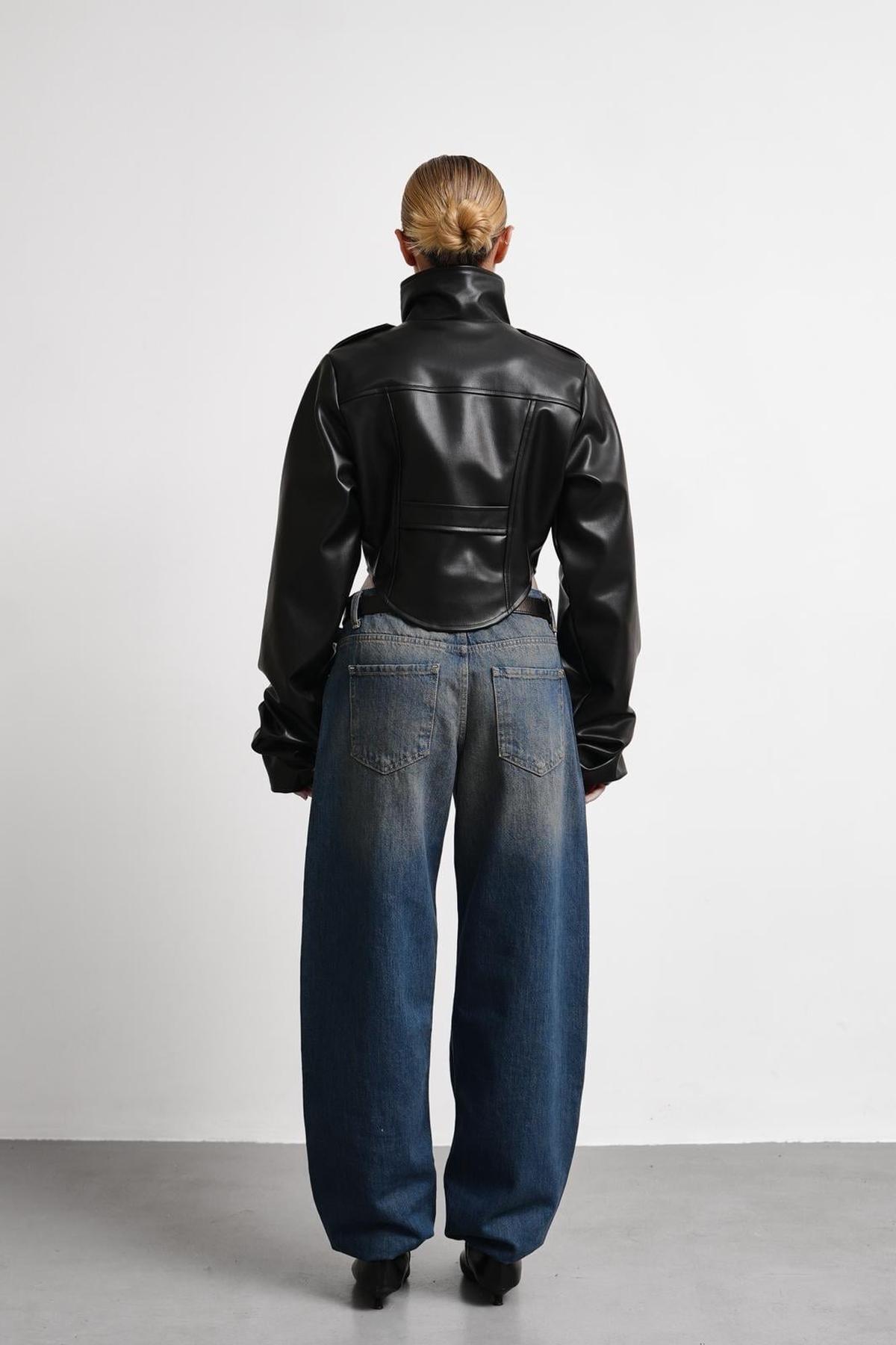 Jaglion  New Season Dik Yaka Motorcu Crop Kadın Siyah Deri Ceket - Görsel 8