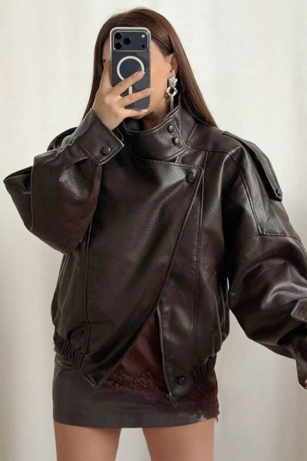 Moderk  ZRA Dik Yaka Dokulu Suni Deri Ceket - Görsel 4