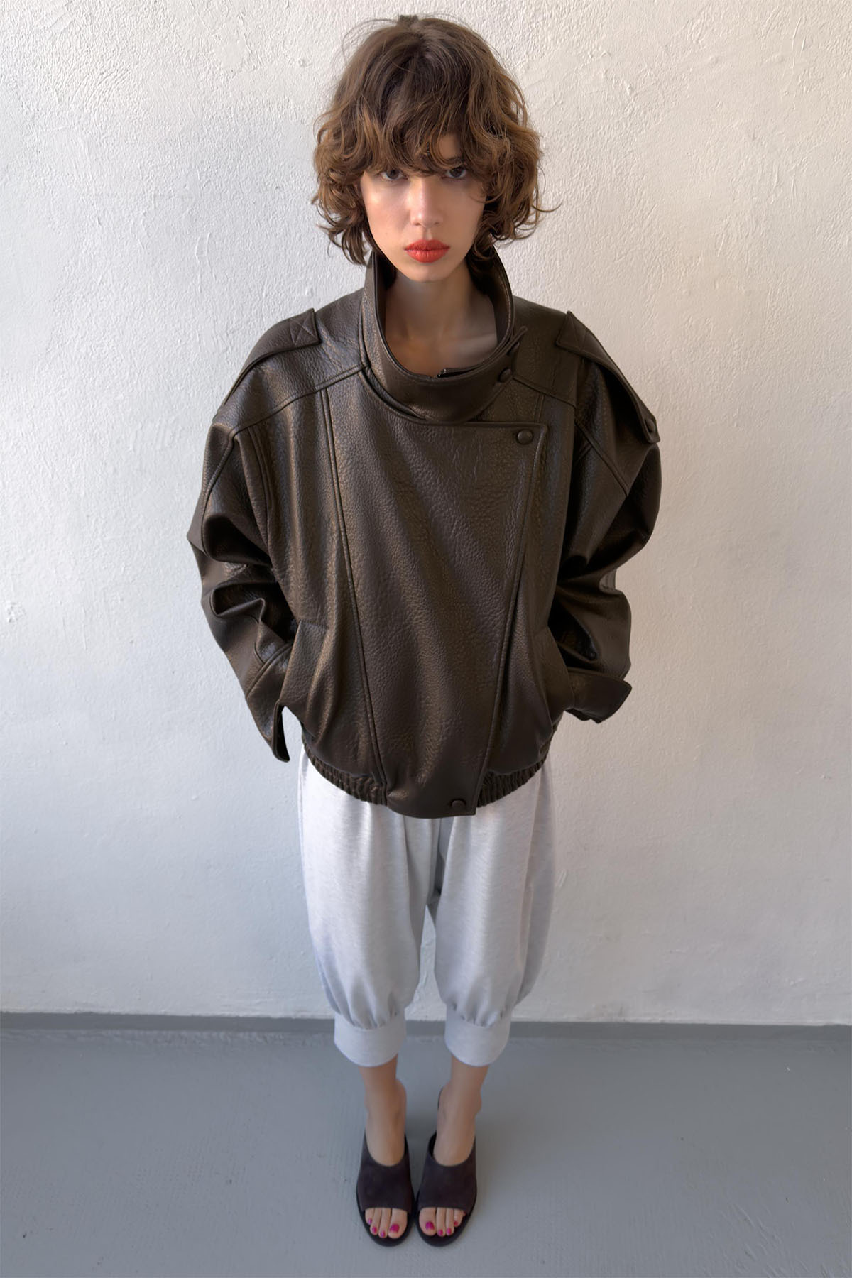 Moderk  ZR Dik Yaka Dokulu Suni Deri Ceket - Görsel 2