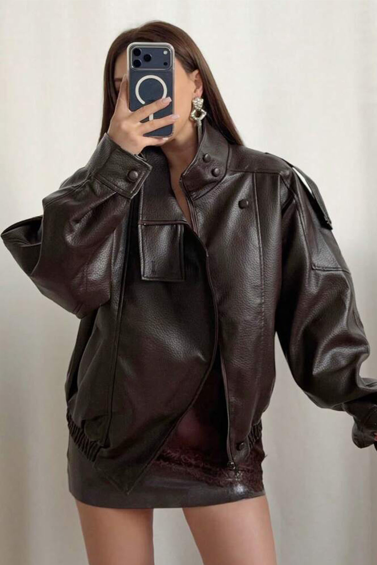 Moderk  ZRA Dik Yaka Dokulu Suni Deri Ceket - Görsel 5