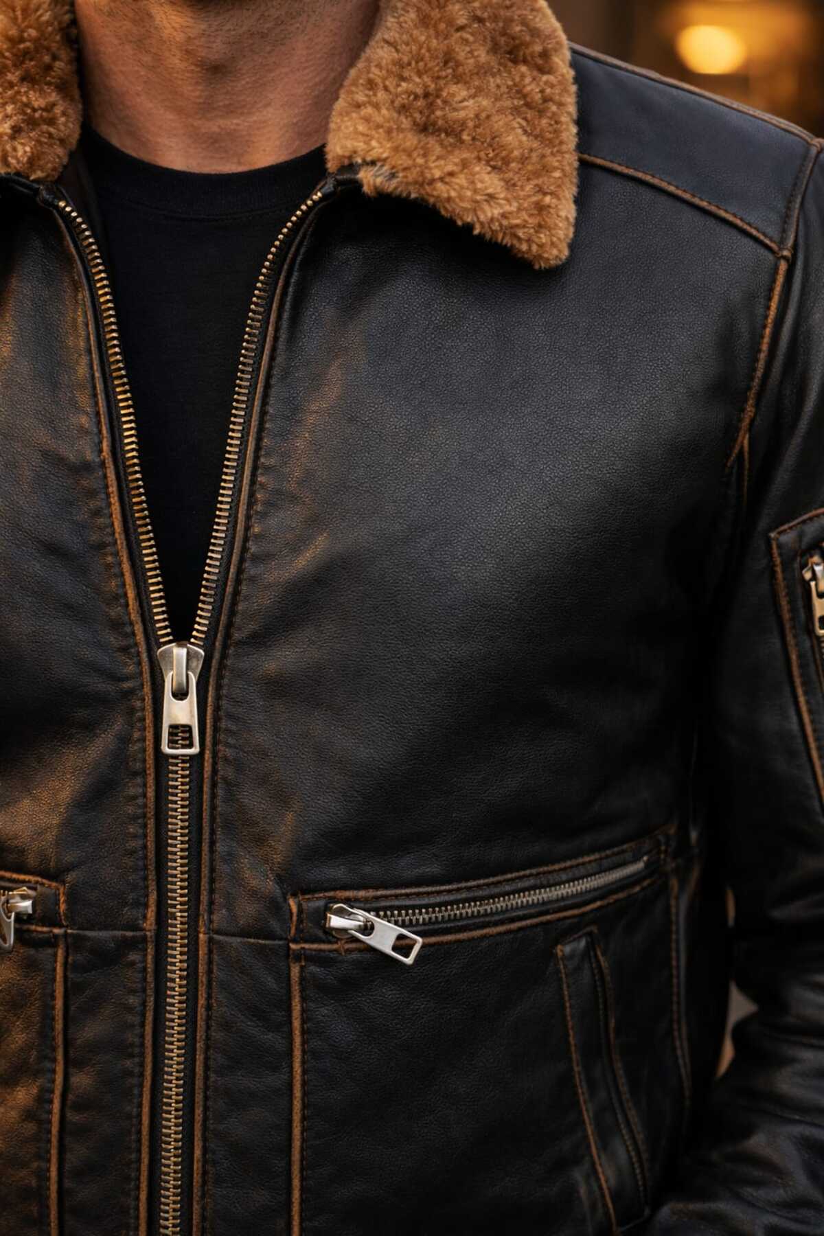 VİAMOD LEATHER  Erkek Hakiki Deri Ceket Kürk Yakalı Siyah Premium Pilot Model Gerçek Deri Mont Üretici Garantili - Görsel 3