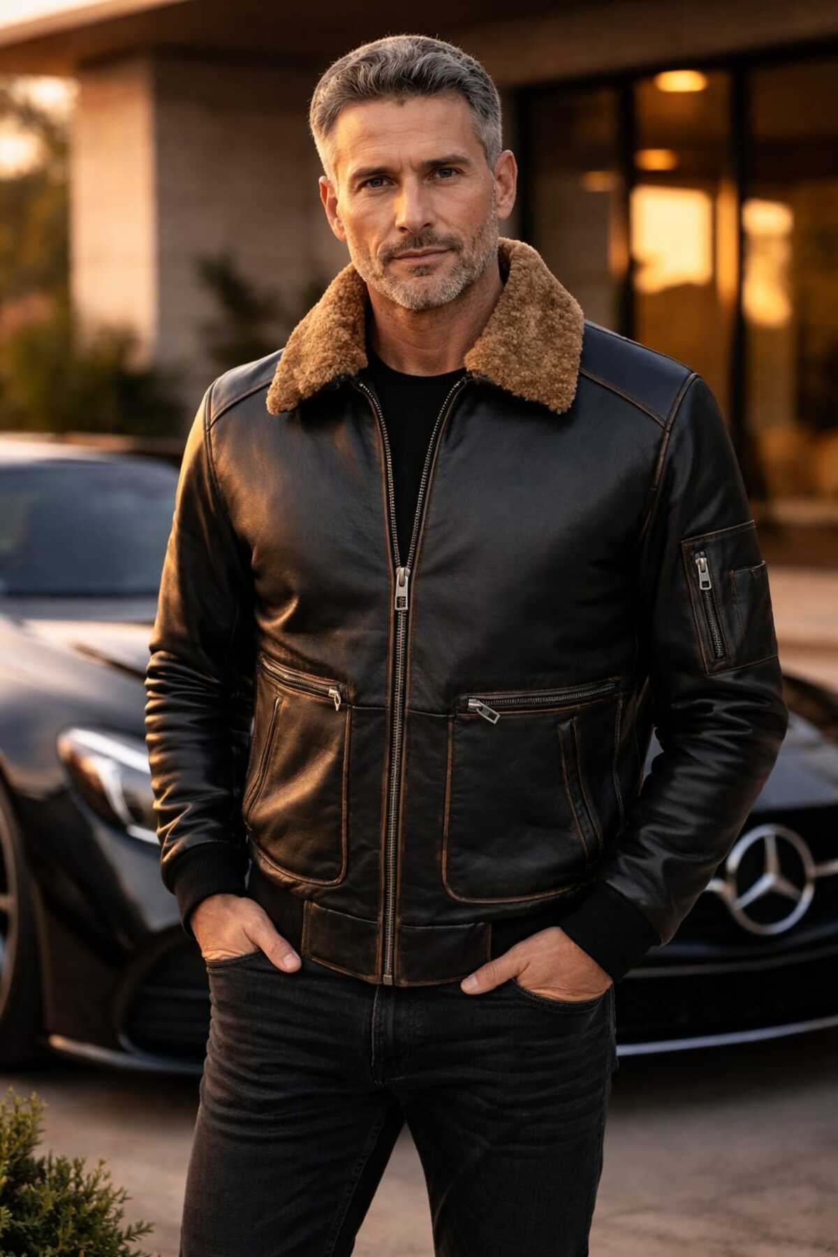 VİAMOD LEATHER  Erkek Hakiki Deri Ceket Kürk Yakalı Siyah Premium Pilot Model Gerçek Deri Mont Üretici Garantili - Görsel 2