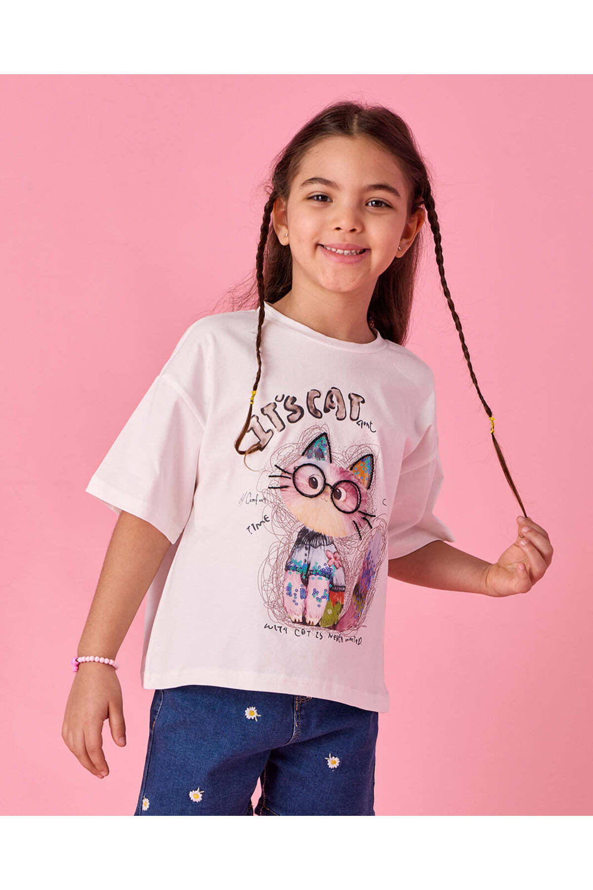 REDTAG Girls Ivory Cat Printed T-Shirt