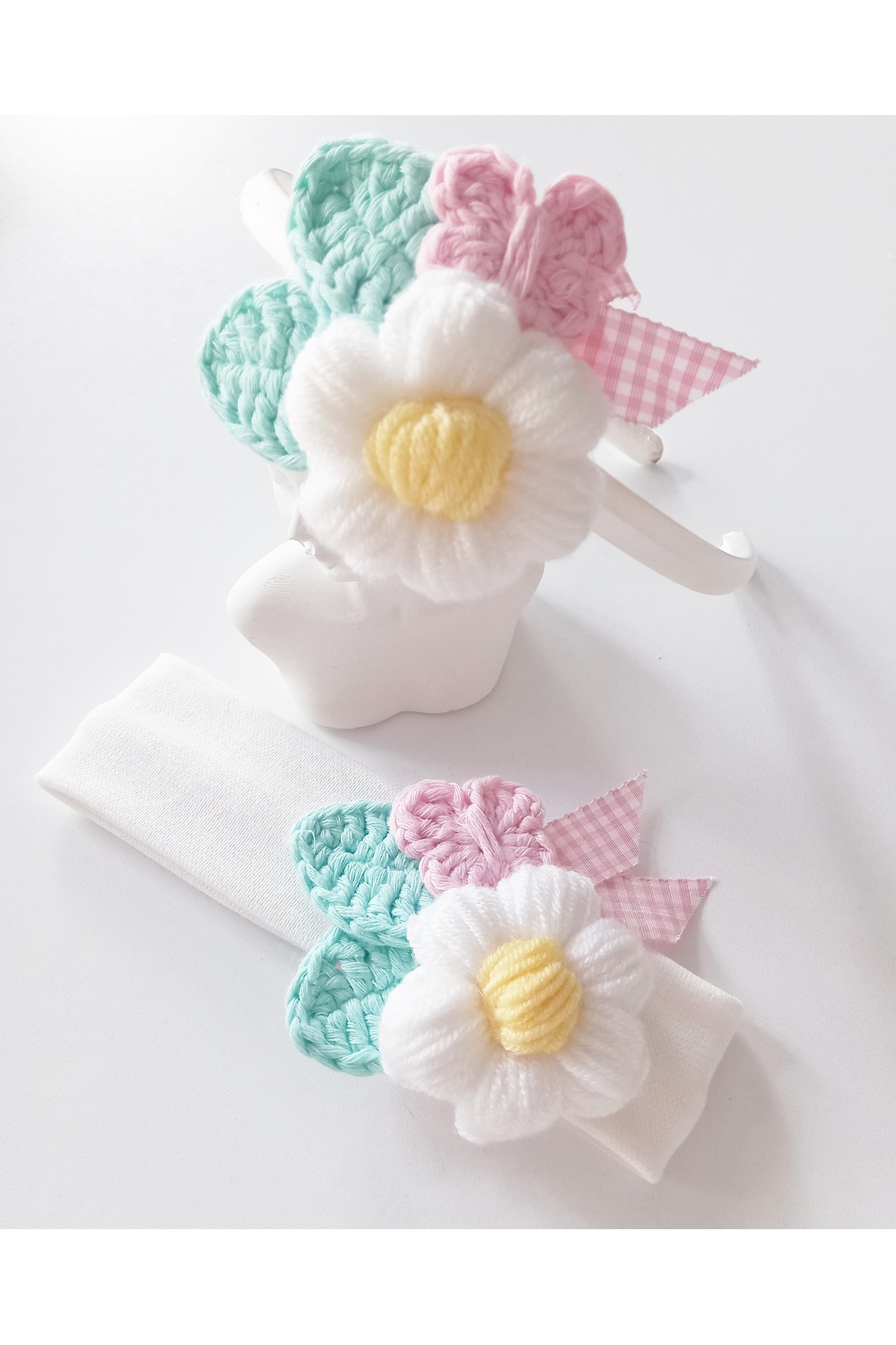 Denizdaydesign Papatya Çiçekli Anne Tacı Bebek Bandanası, El Yapımı Anne Bebek Butik Hediyelik