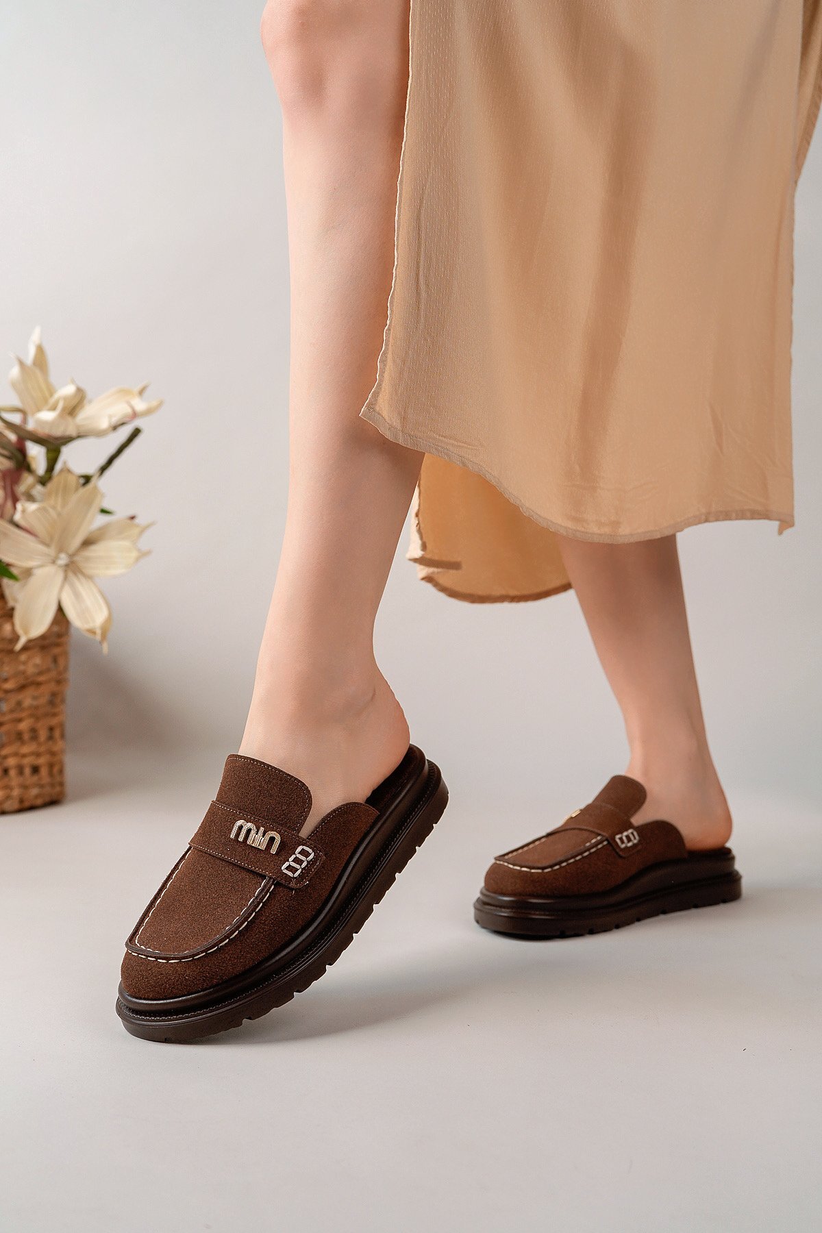 Women's Coffee Suede Loafer Buckle Slippers