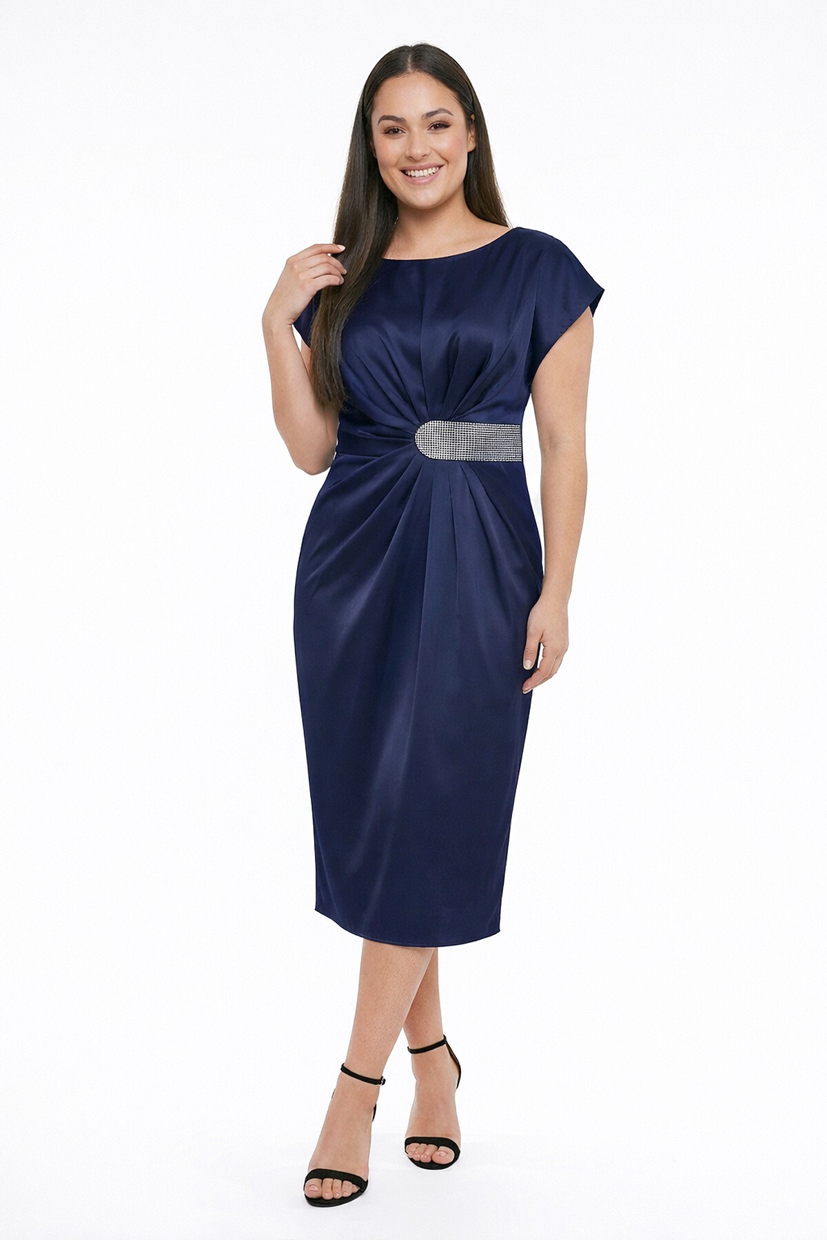 Women's Stone Waist Draped Plus Size Satin Midi Dress Slim Fit