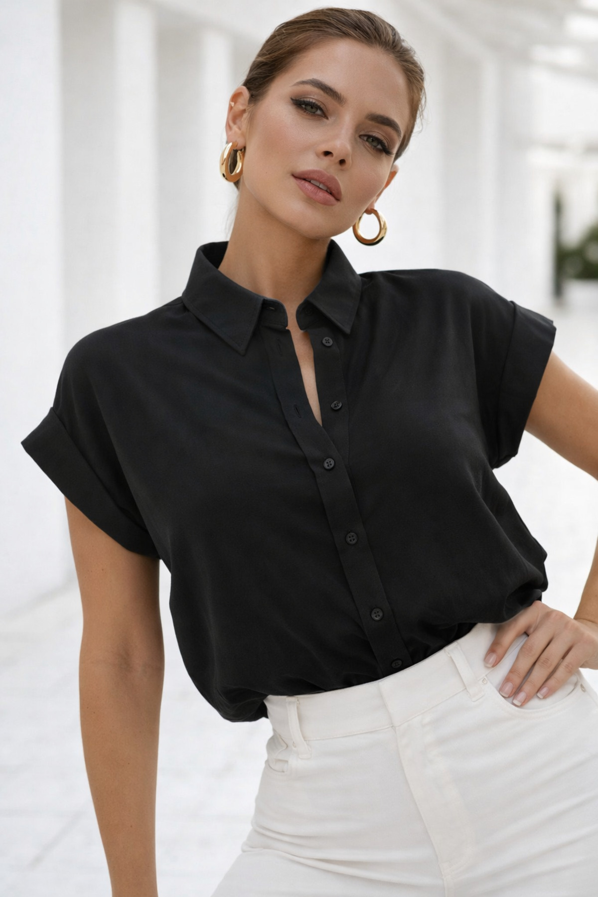 Rich  Kadın Siyah Oversize Kısa Kollu Gömlek - Görsel 2