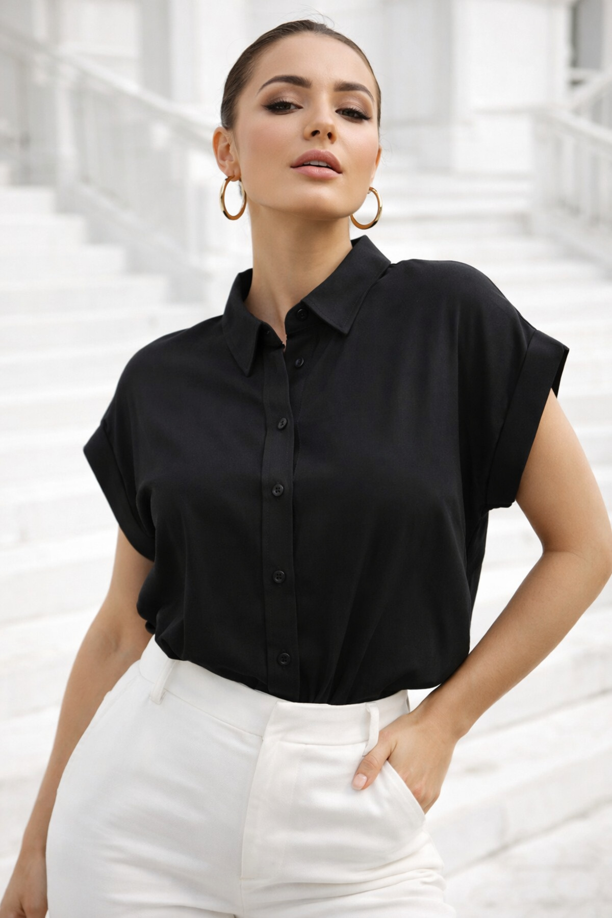Rich  Kadın Siyah Oversize Kısa Kollu Gömlek