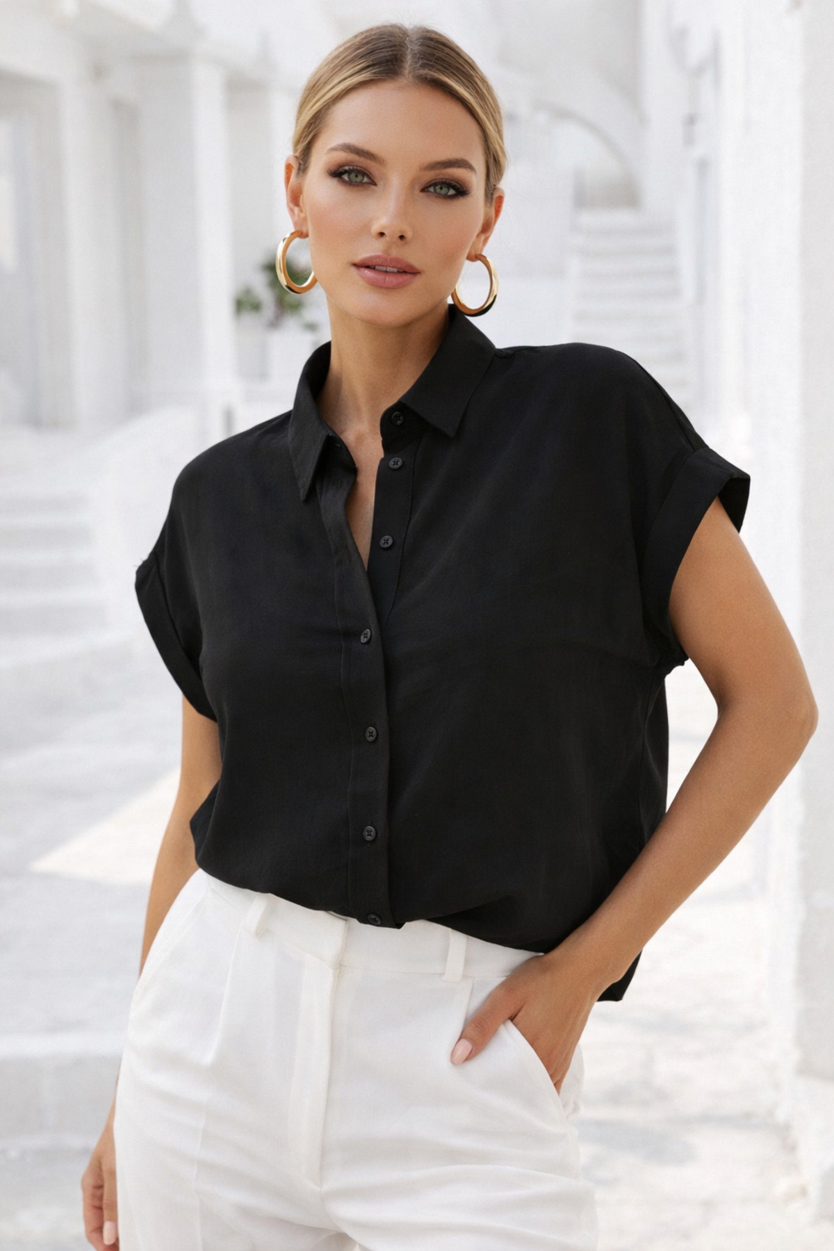 Rich  Kadın Siyah Oversize Kısa Kollu Gömlek - Görsel 6