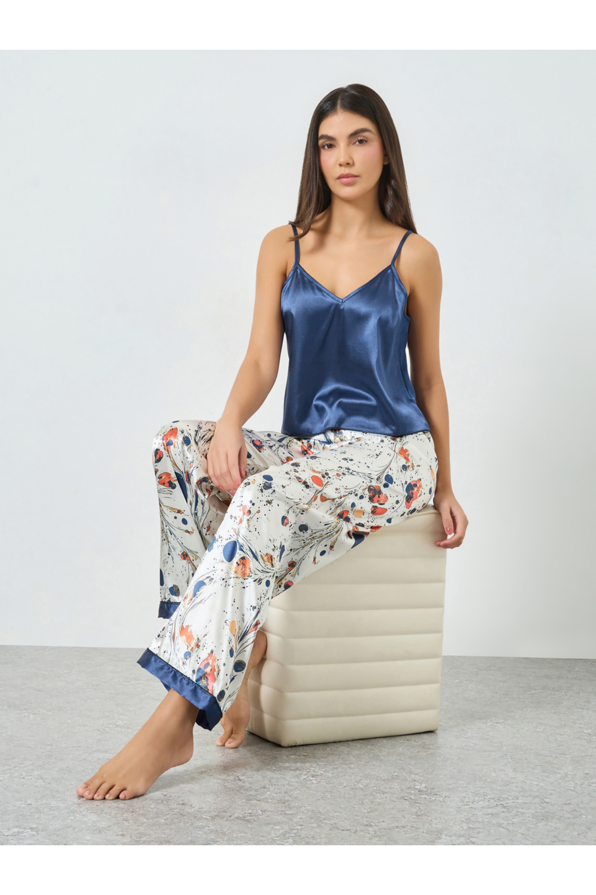 Take Two By Styli Navy Blue Satin Cami and Printed Pyjama Set