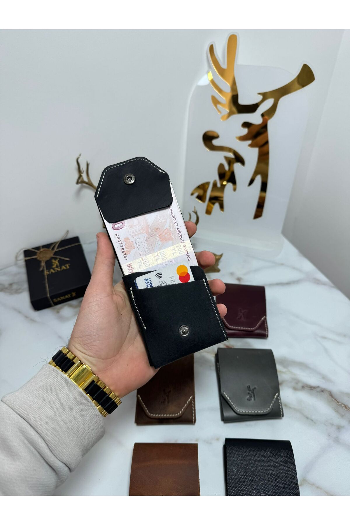 SANAT LEATHER %100 Hakiki Crazy Deri El yapımı Minimalist Cüzdan - Crazy Deri Şık Kaliteli Triod Kartlık Cüzdan