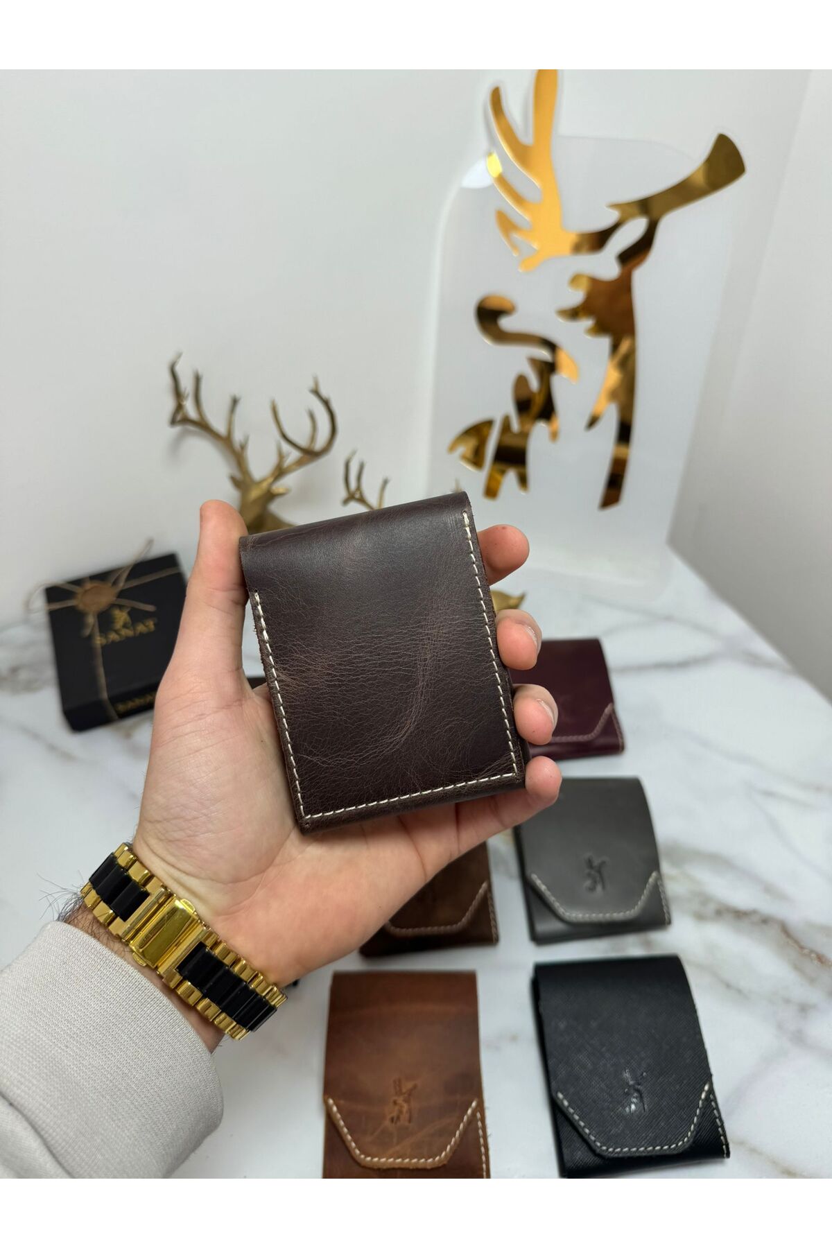 SANAT %100 Hakiki Crazy Deri El yapımı Minimalist Cüzdan - Para Portföyü Şık Kaliteli Triod Kartlık Cüzdan görsel 6