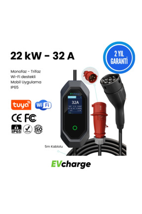 Evcharge 22 kW Taşınabilir Elektrikli Araç Şarj İstasyonu 32A Tip-2 5 mt Kabl...